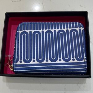 Trina Turk Blue & White Geometric Stripe Print Zip Around Wallet NIB